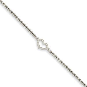 14k Gold White Gold Rope with Heart Anklet, 10 Inch